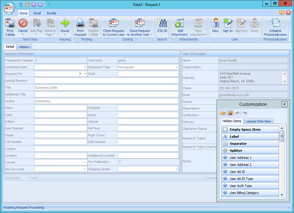 The Customization form's Hidden Items tab open beside a Request Detail form, listing draggable items such as Empty Space Item, Label, Separator, Splitter, and user fields