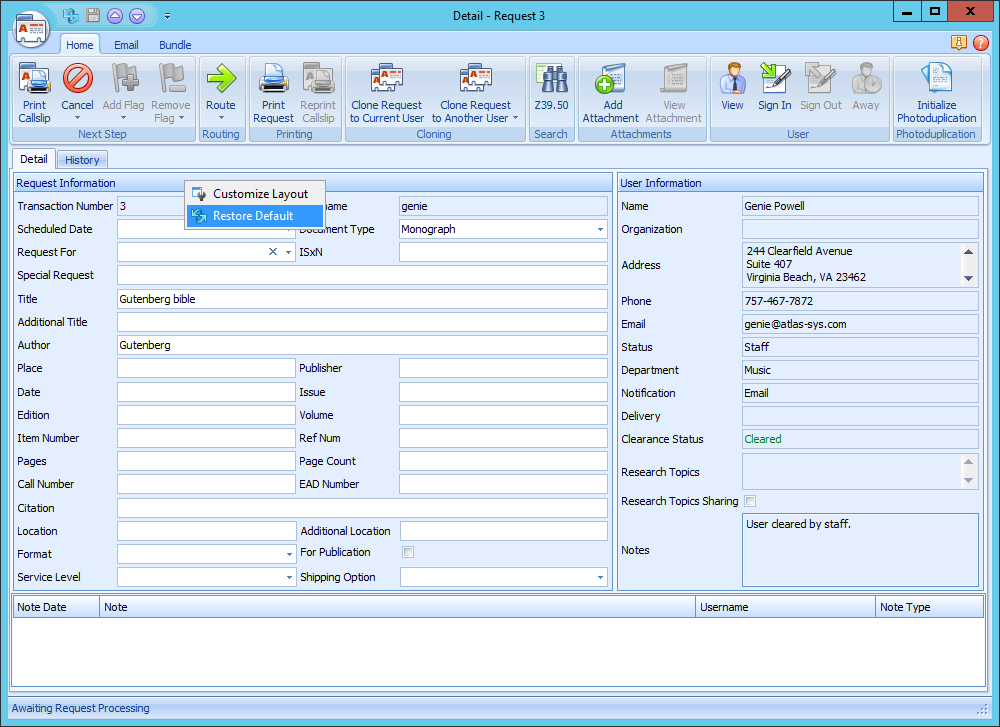 A right-click menu on a Request Detail form showing Customize Layout and Restore Default, used to revert the layout to the default