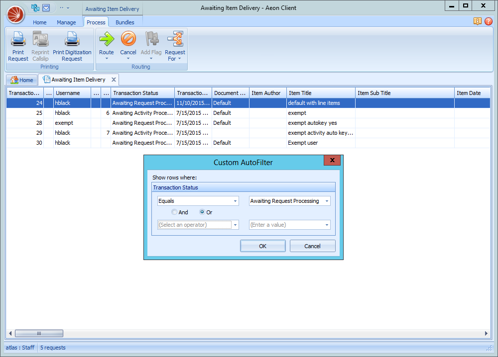 The Custom AutoFilter dialog for the Transaction Status column, set to show rows where the status Equals 'Awaiting Request Processing'