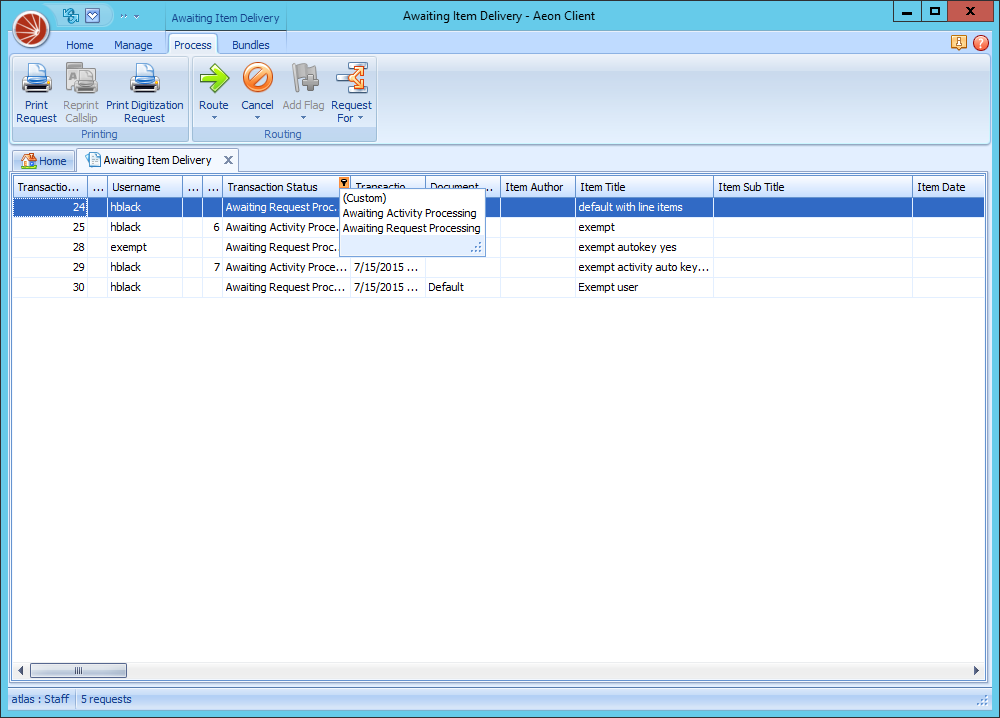 The quick-filter dropdown open on a grid's Transaction Status column, listing values such as (Custom), Awaiting Activity Processing, and Awaiting Request Processing