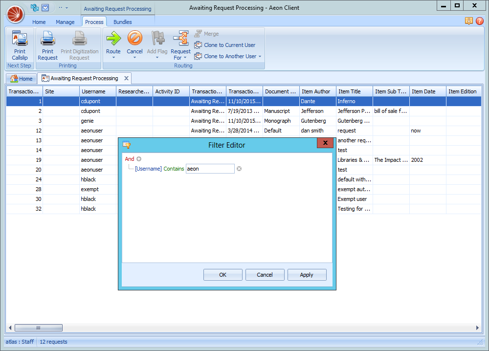 Filtering Transactions in the Grid Layout