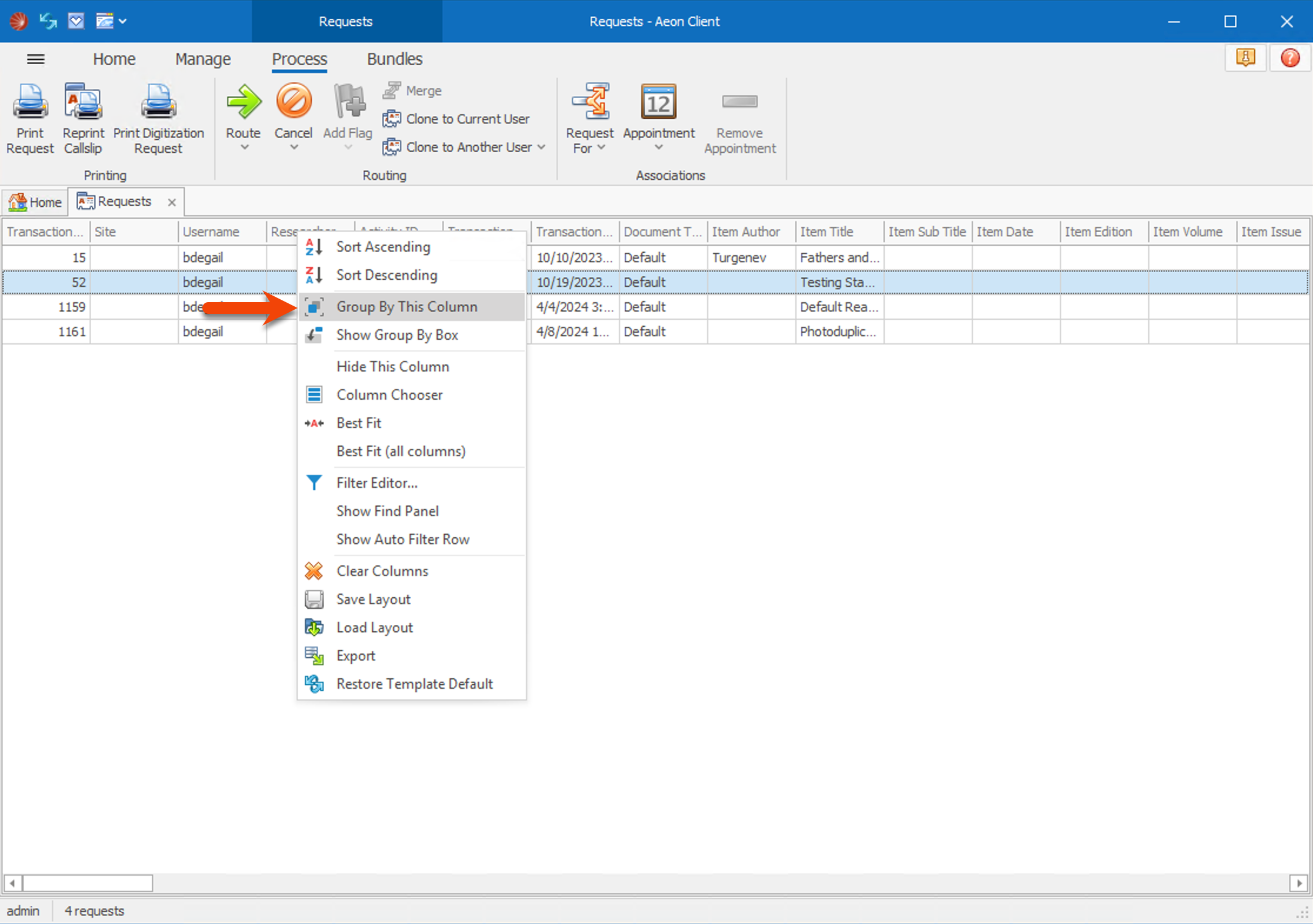 A right-click column-header menu on the Requests grid with Group By This Column highlighted, among options such as Show Group By Box and Column Chooser