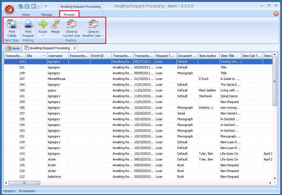 A content-sensitive Process ribbon for a request in the Awaiting Request Processing queue, with the Process tab and its commands (Print Callslip, Print Request, Route, Merge, Clone) highlighted