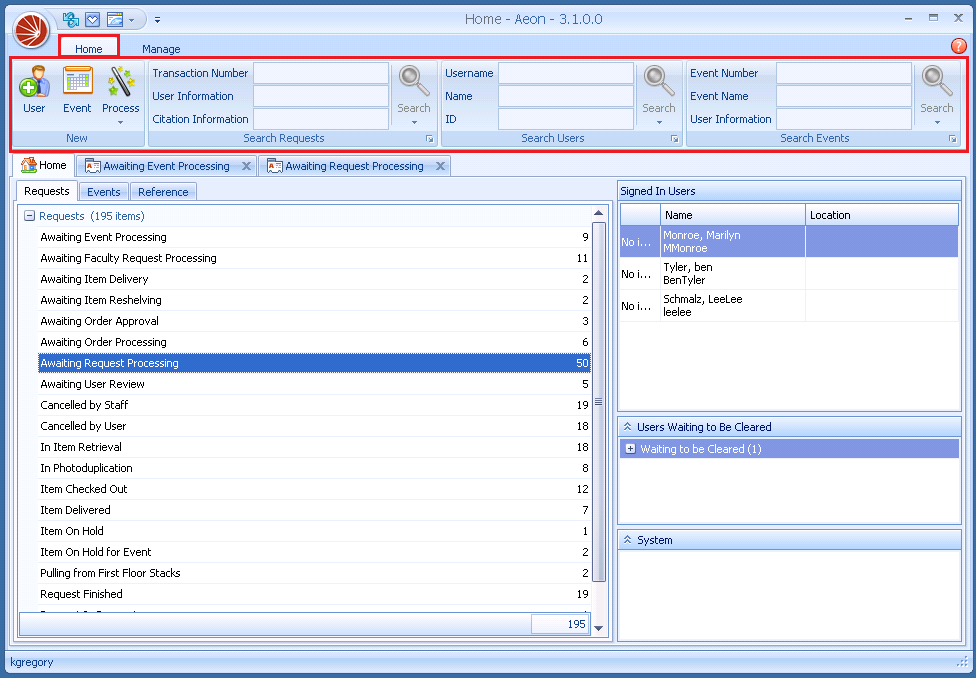 The Aeon Desktop Client Home ribbon highlighted, showing the New group (User, Event, Process) and the Search Requests, Users, and Events boxes