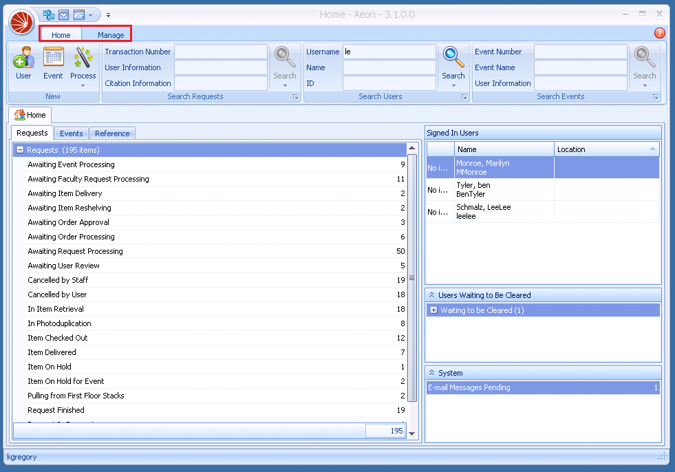 The Aeon Desktop Client tab bar highlighted, showing the Home and Manage tabs
