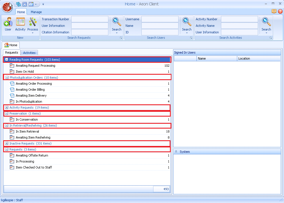 The Aeon Desktop Client Home page with request queues organized into custom categories such as Reading Room Requests, Photoduplication Orders, and Preservation