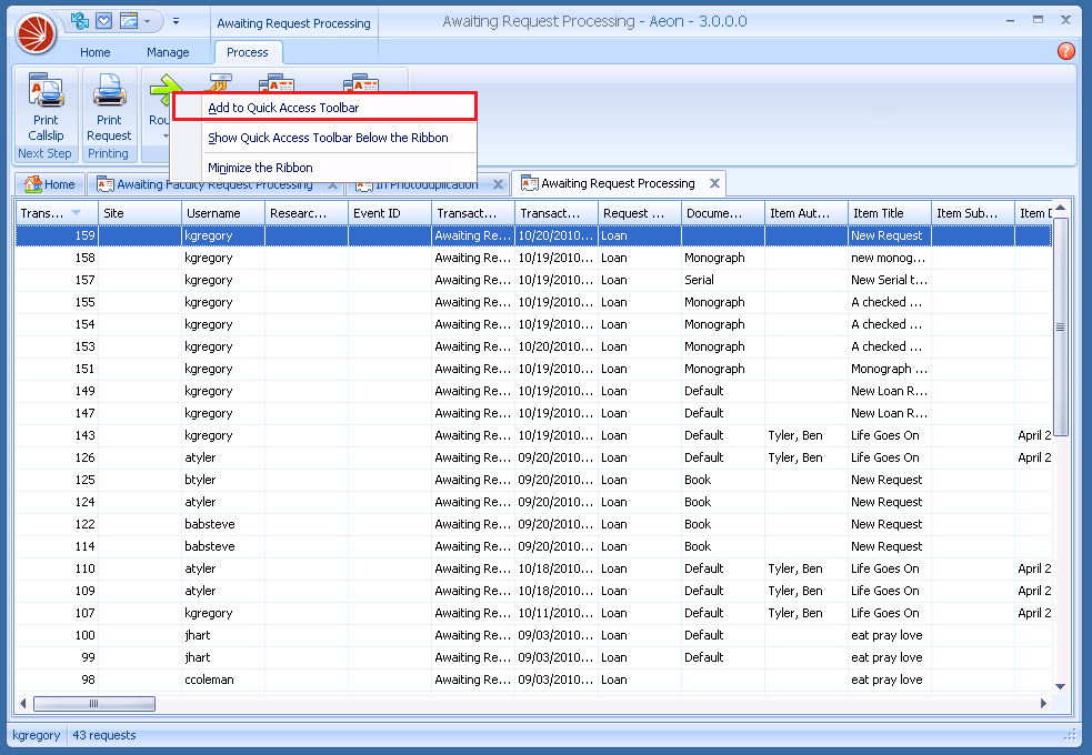 A right-click menu on a ribbon command with Add to Quick Access Toolbar highlighted