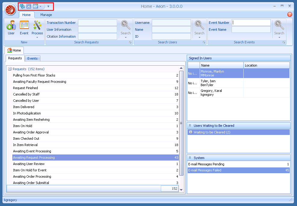 The Quick Access Toolbar highlighted at the top-left of the Aeon Desktop Client, to the right of the Main Menu icon