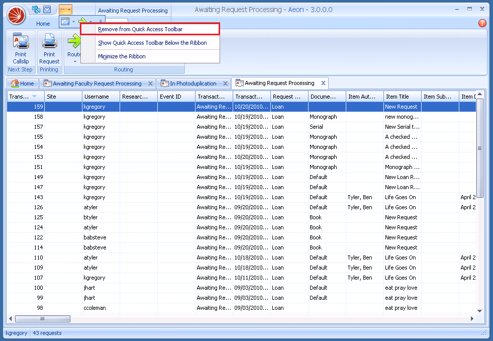 A right-click menu on a Quick Access Toolbar command with Remove from Quick Access Toolbar highlighted