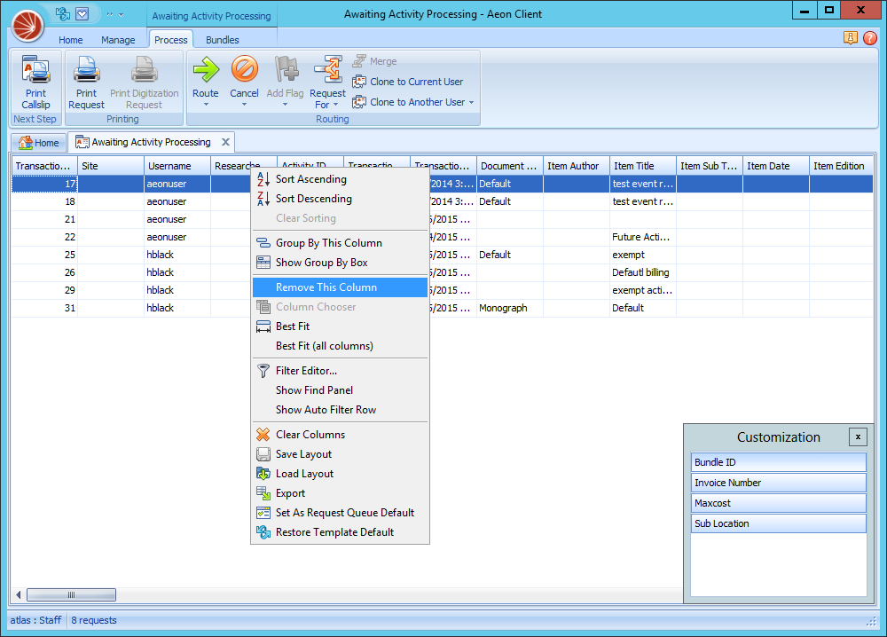 Aeon Desktop Client grid column-header right-click menu with Remove This Column highlighted