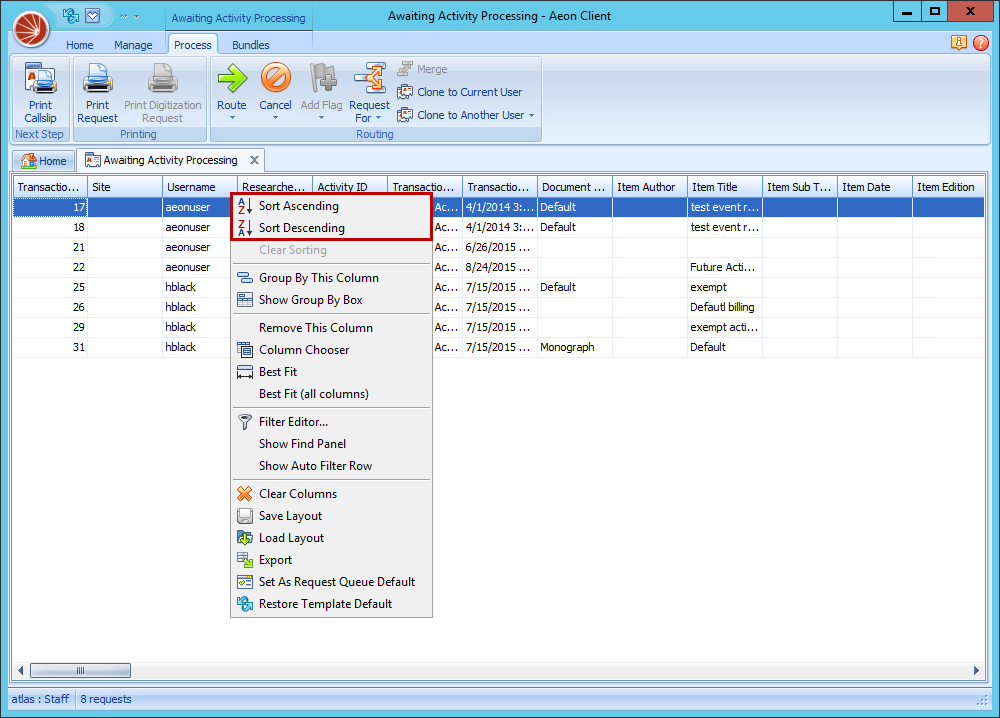 Sorting Transactions in the Grid Layout