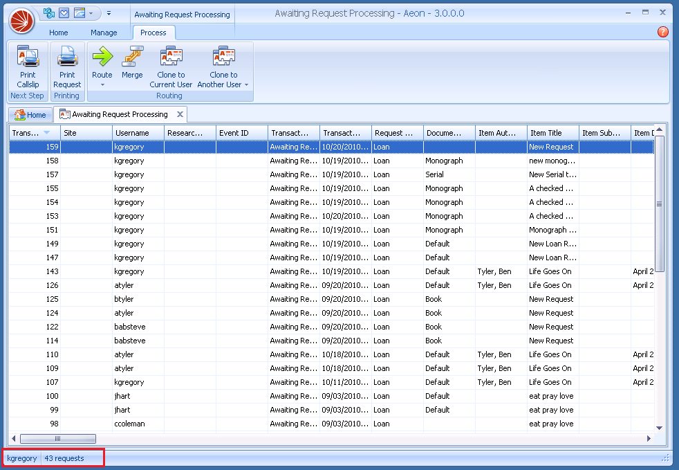 The status bar at the bottom of the Aeon Desktop Client highlighted, showing the logged-in username and the request count