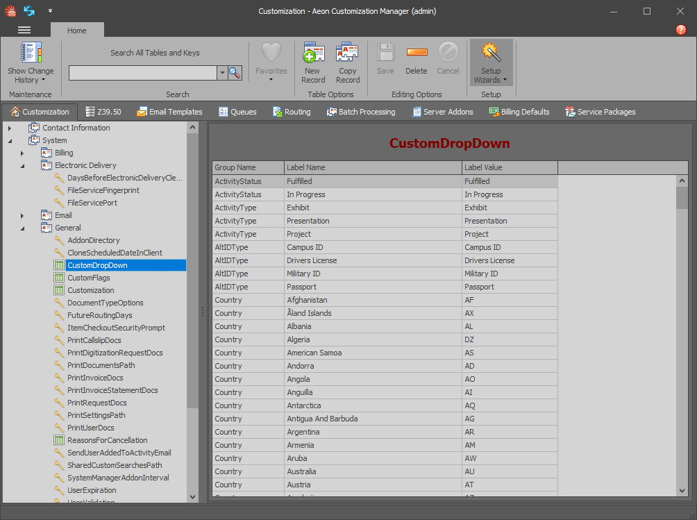 The Aeon Customization Manager displayed in the Office 2016 Dark theme
