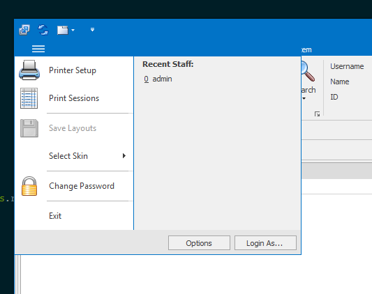 The Aeon Desktop Client main menu open, showing options including Printer Setup, Print Sessions, Save Layouts, Select Skin, Change Password, and Exit