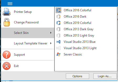 The main menu's Select Skin submenu expanded, listing the available themes