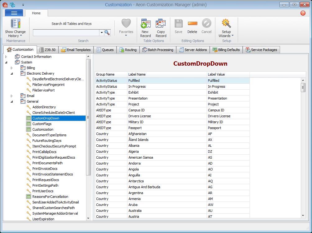 The Aeon Customization Manager displayed in the Windows 7 Classic theme