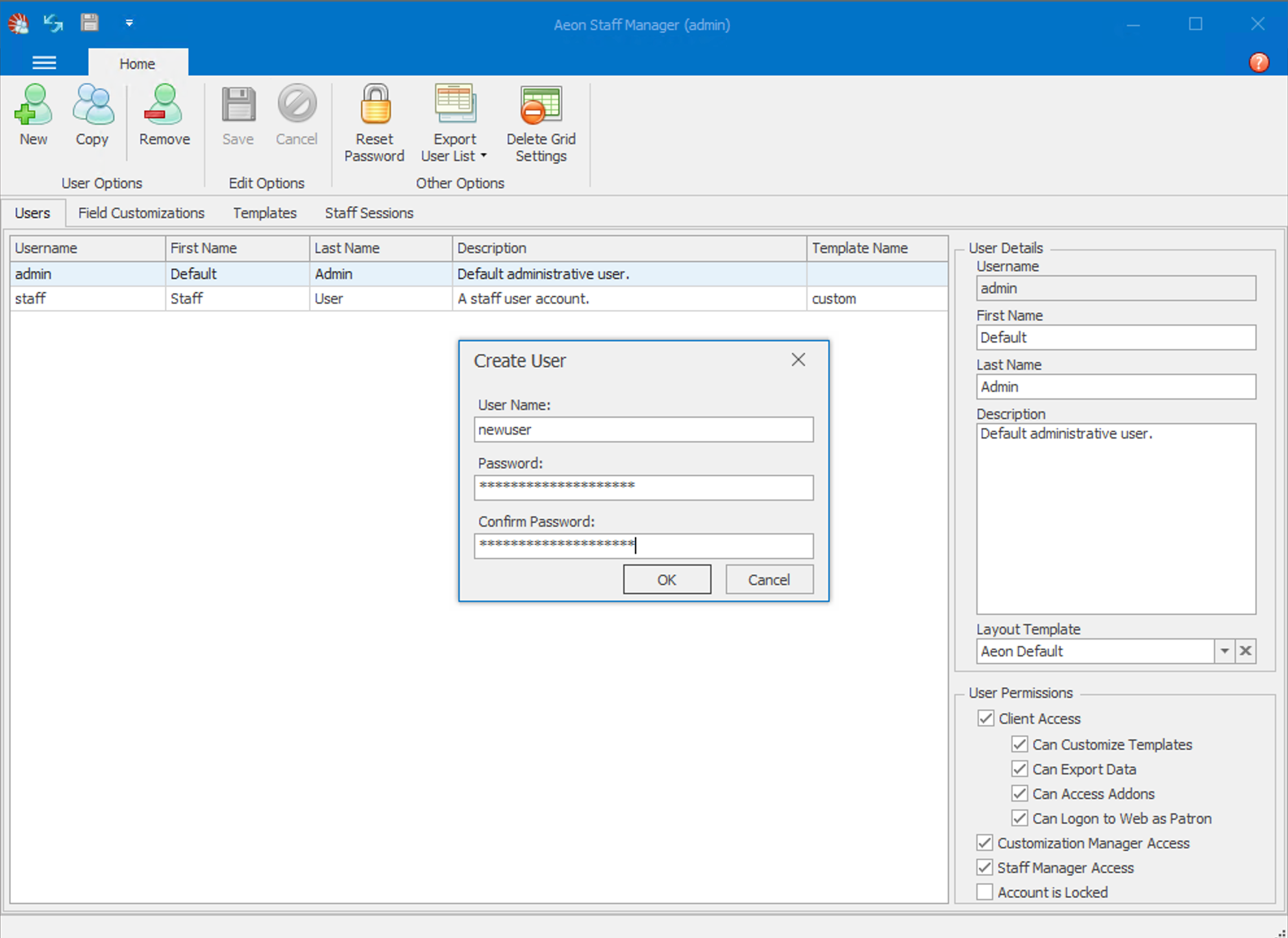 Adding Staff User Dialog