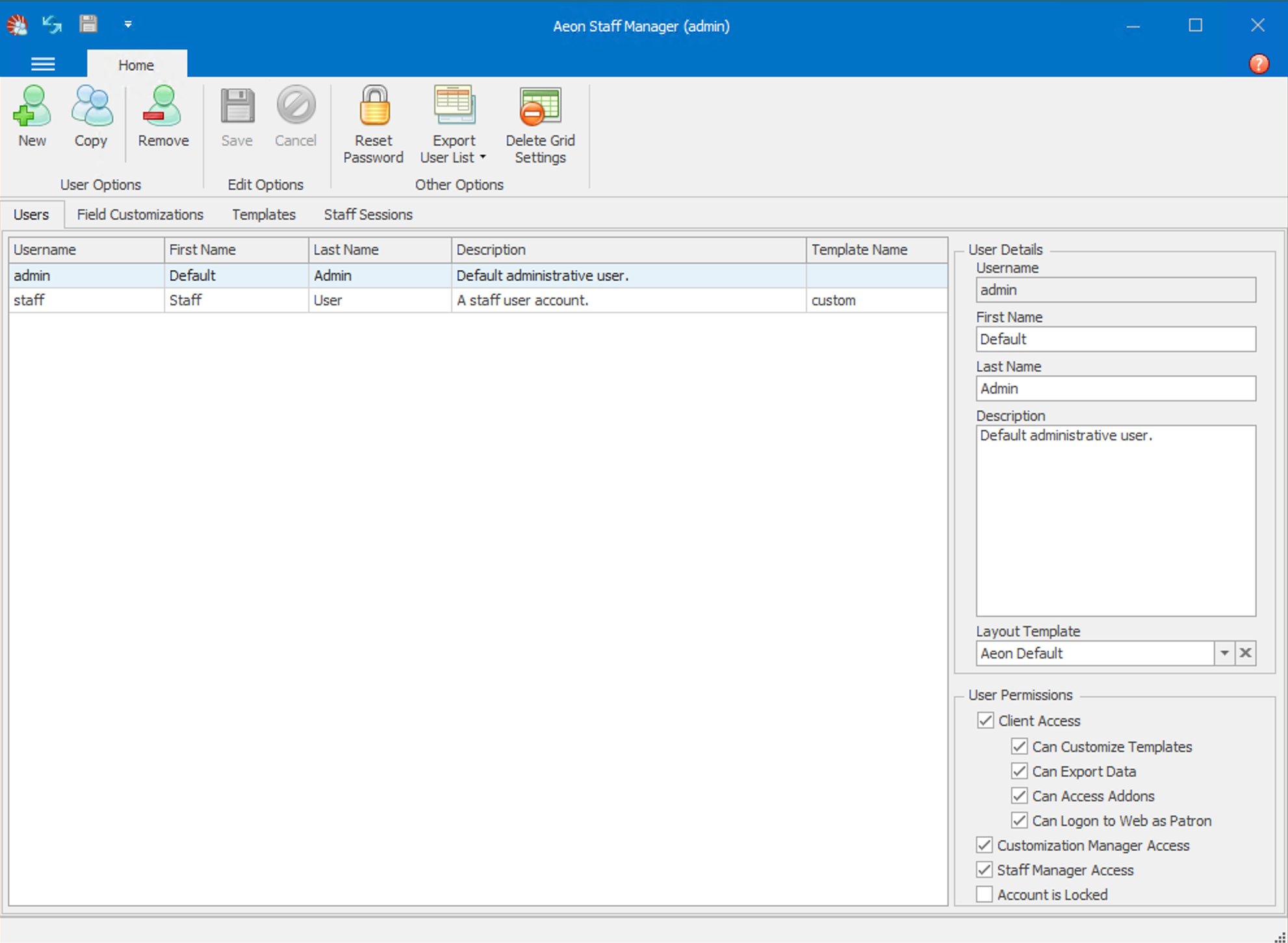 Aeon Staff Manager Main Interface