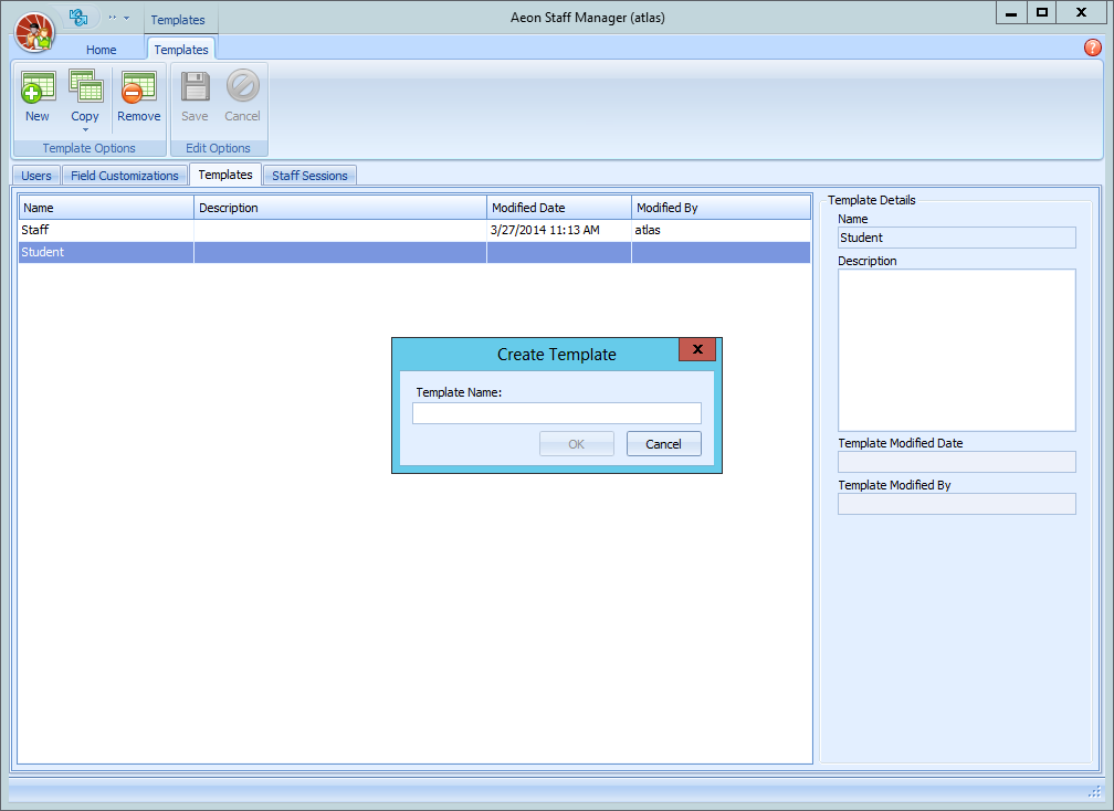 Creating Template Dialog