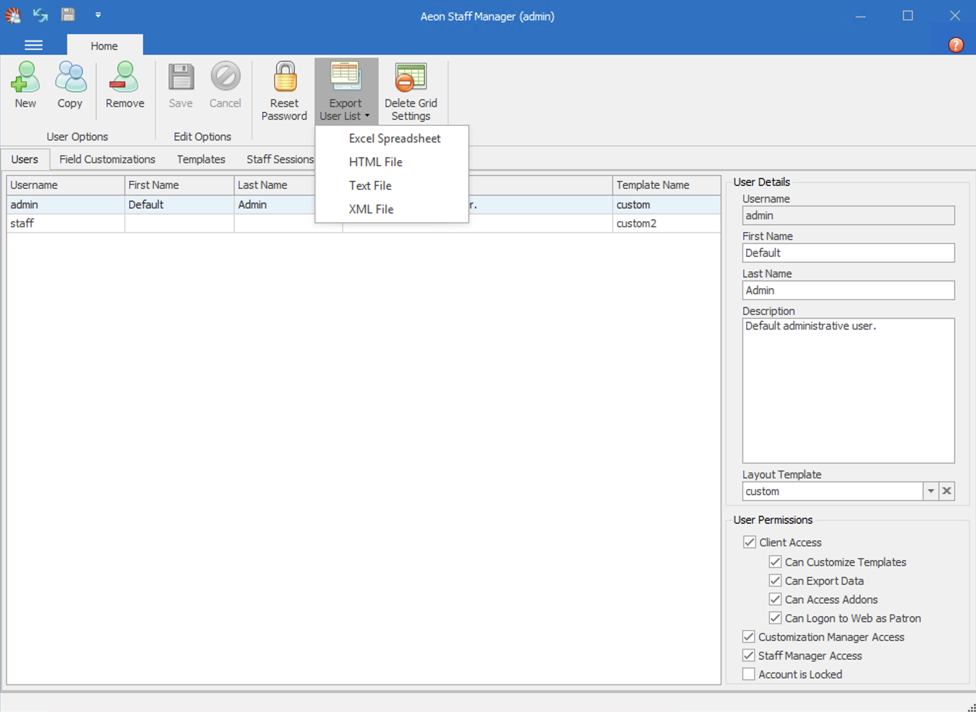 Exporting Staff User List Dialog