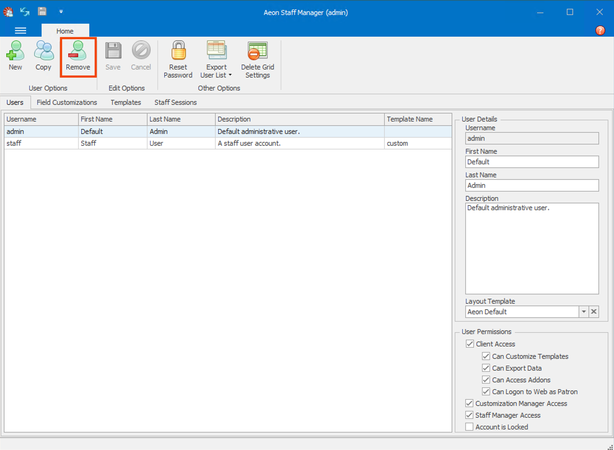 Removing Staff User Dialog
