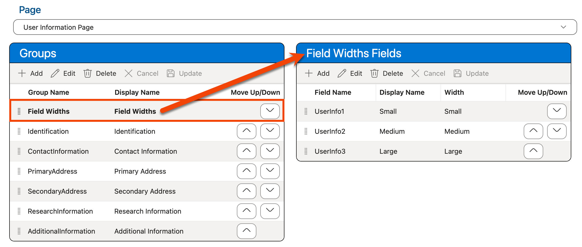 A field grouping selected in the Groups grid