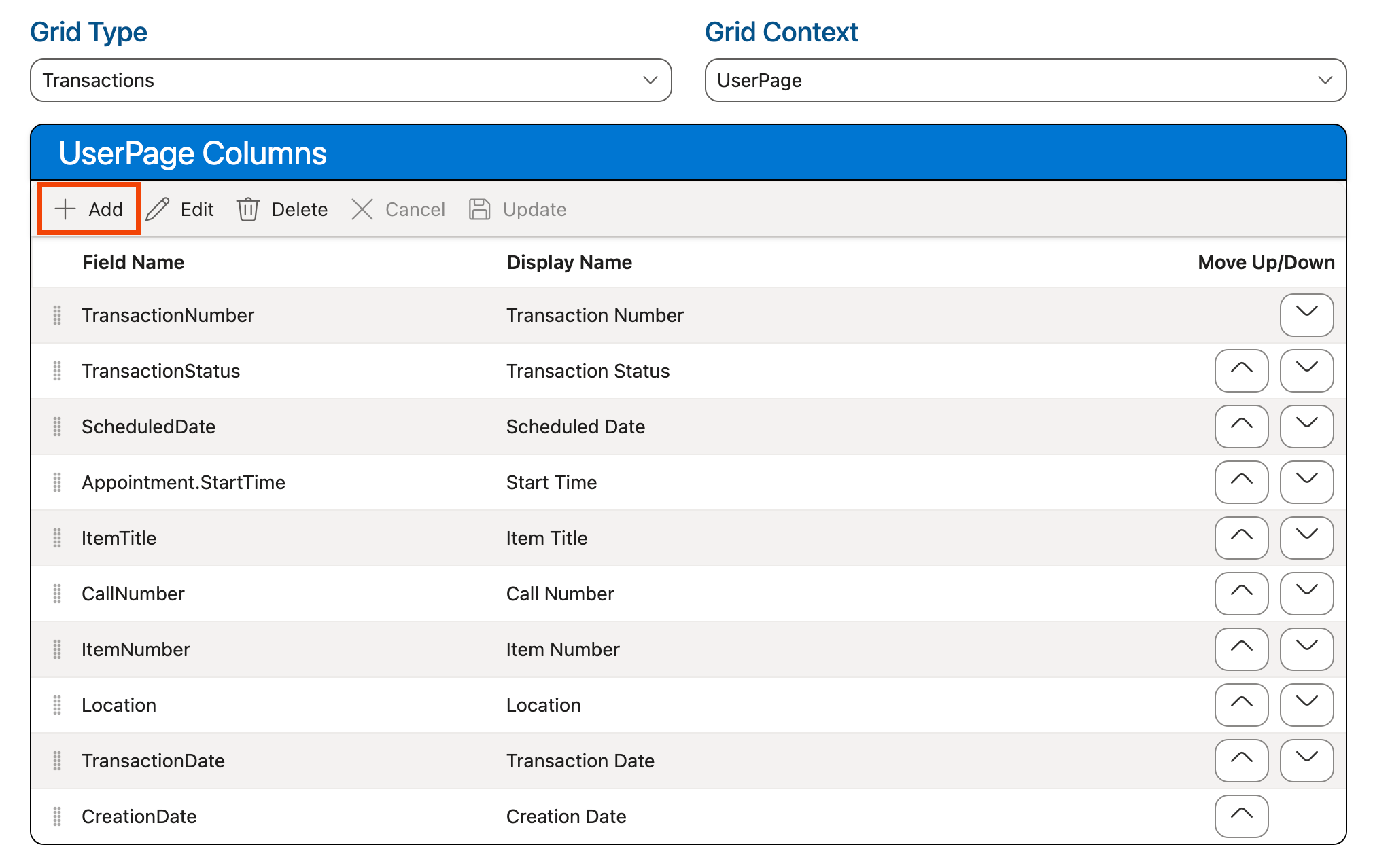 Add button in Columns grid