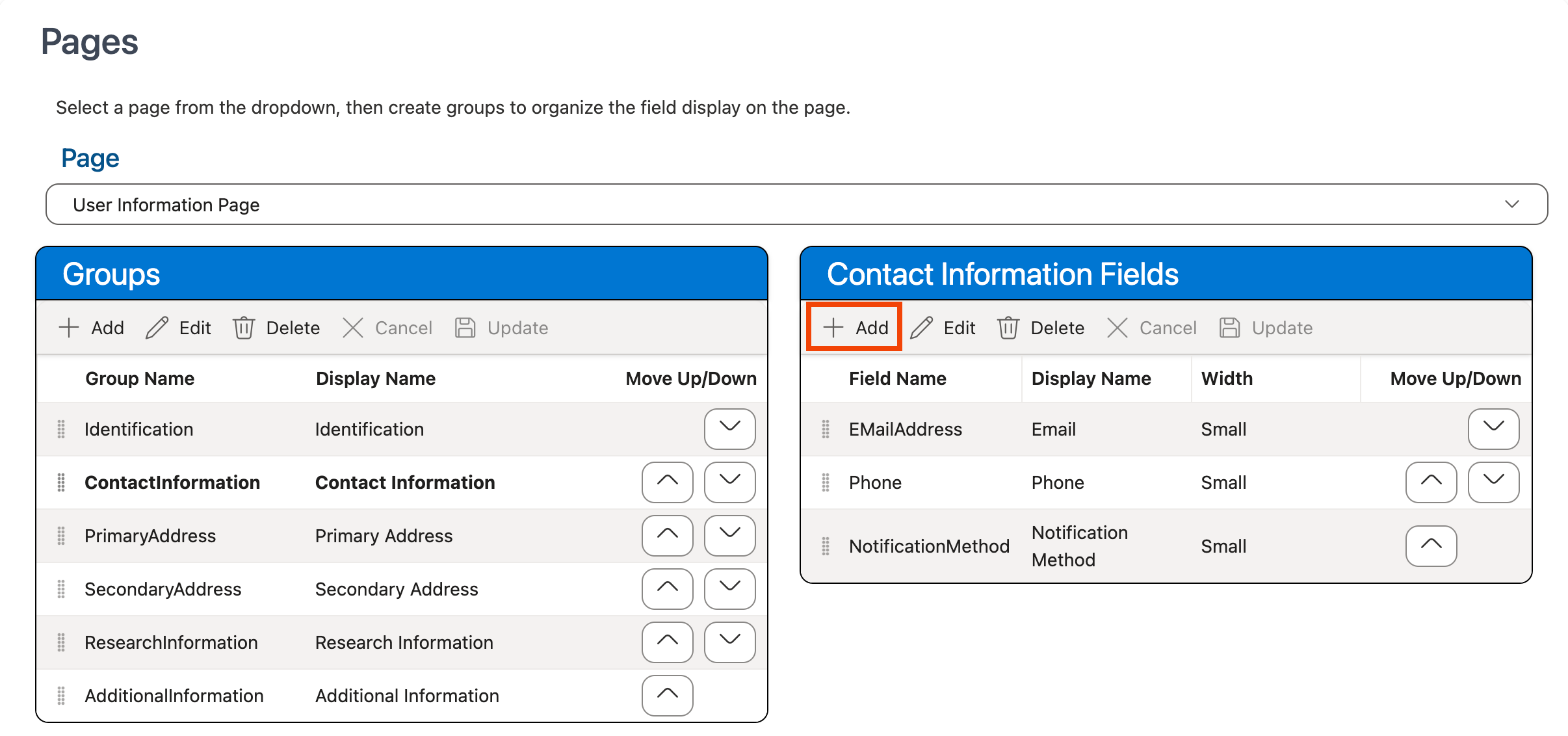 Add button in Fields grid