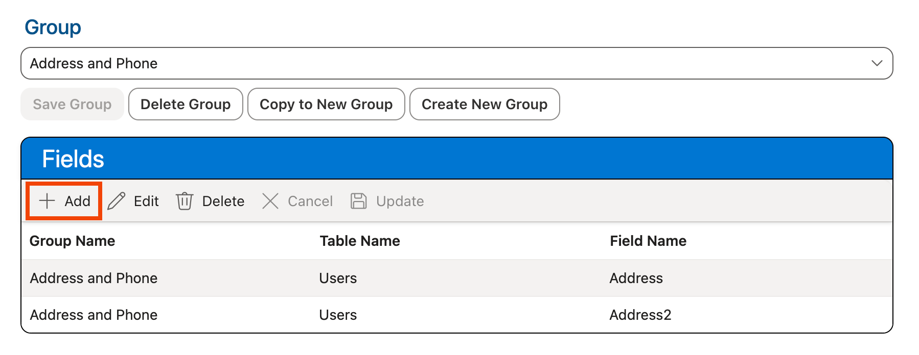Add button in Fields grid