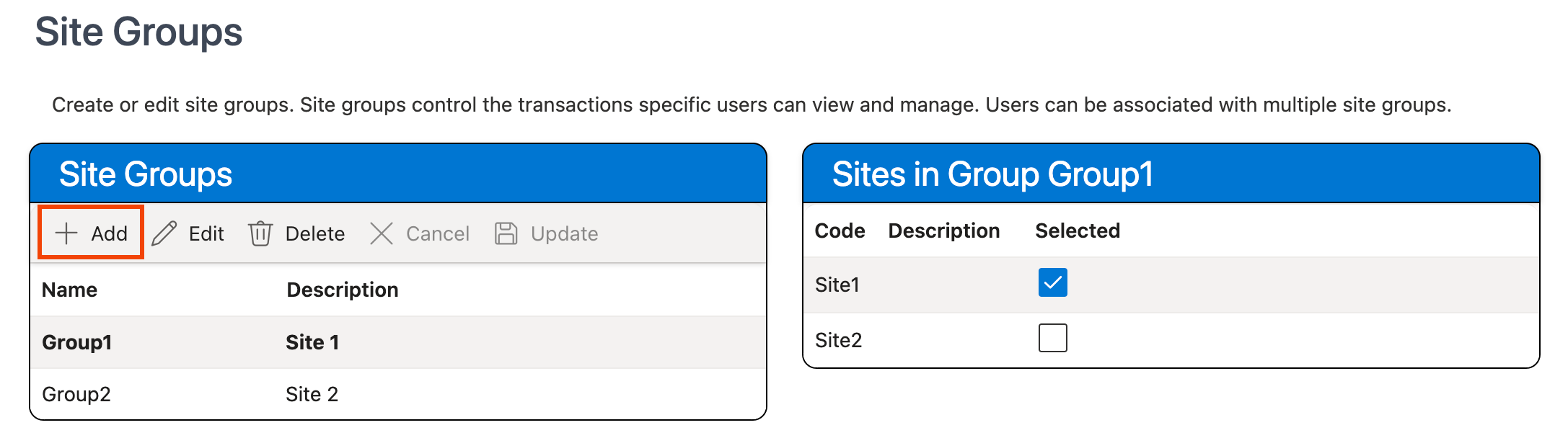 Add button in Site Groups grid