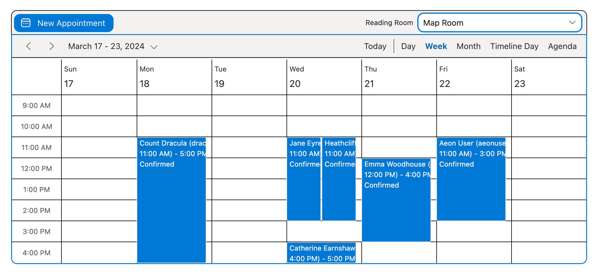 Appointment Calendar displayed on the Calendar page of the Aeon Web Client