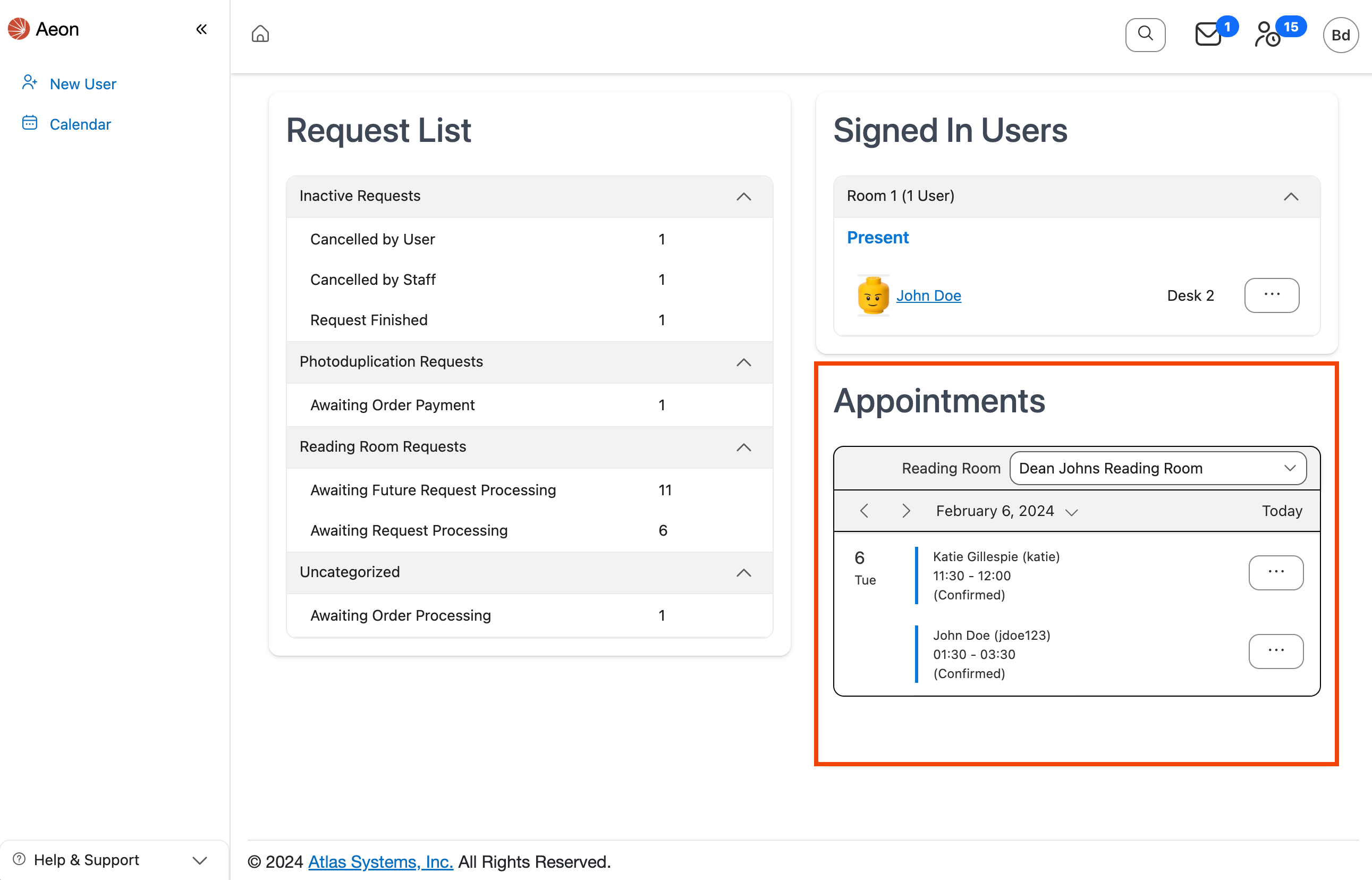 Appointments section highlighted on Dashboard