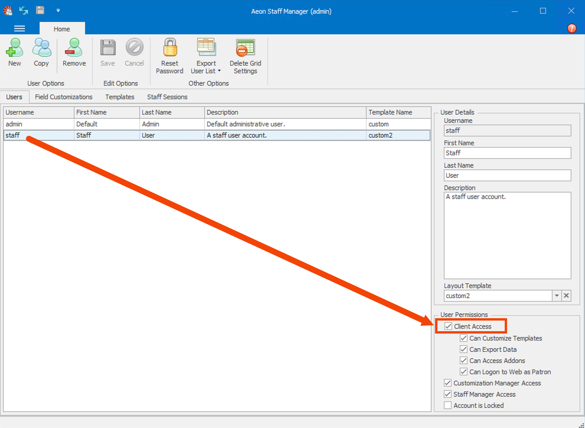 Client Access permission highlighted in Aeon Staff Manager