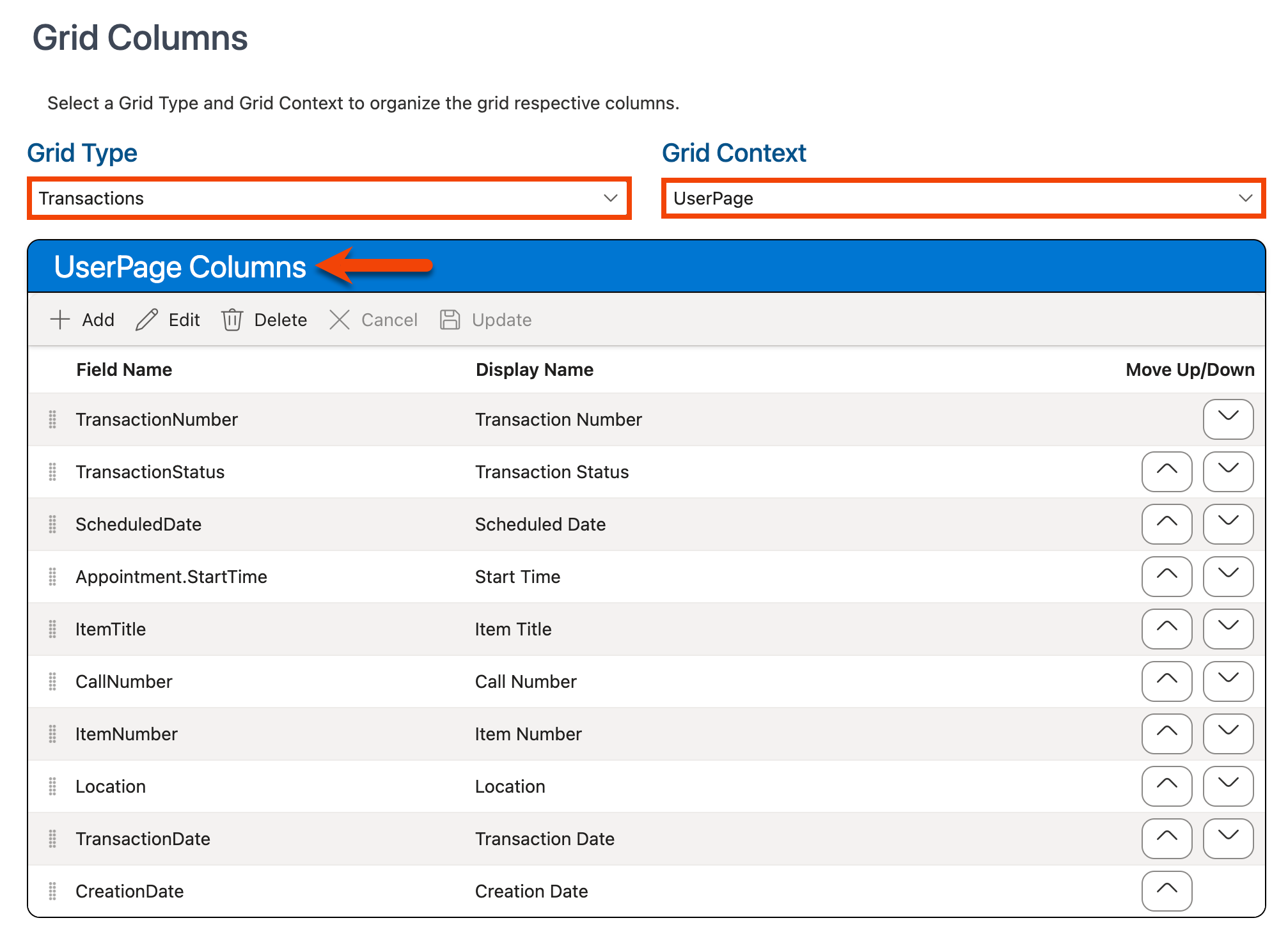Columns grid displaying the fields in the selected grid