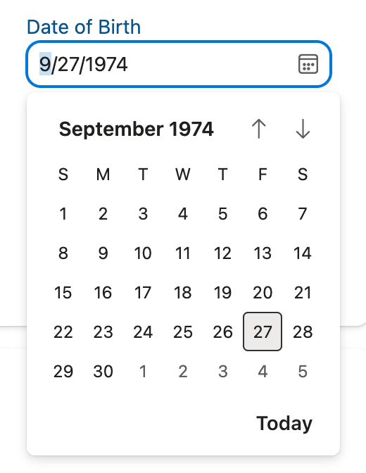 Datepicker calendar dropdown displayed for Date of Birth field
