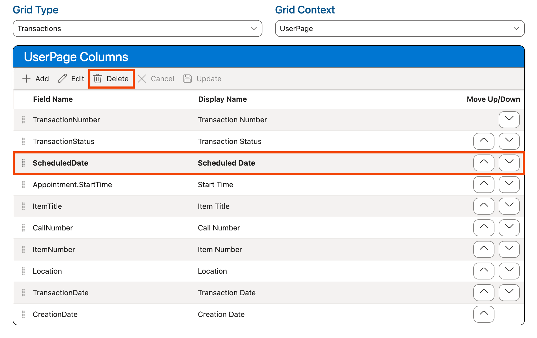 Delete button in Columns grid