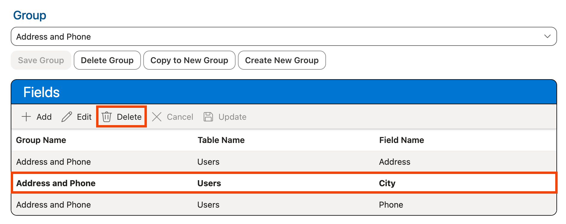 Delete button in Fields grid