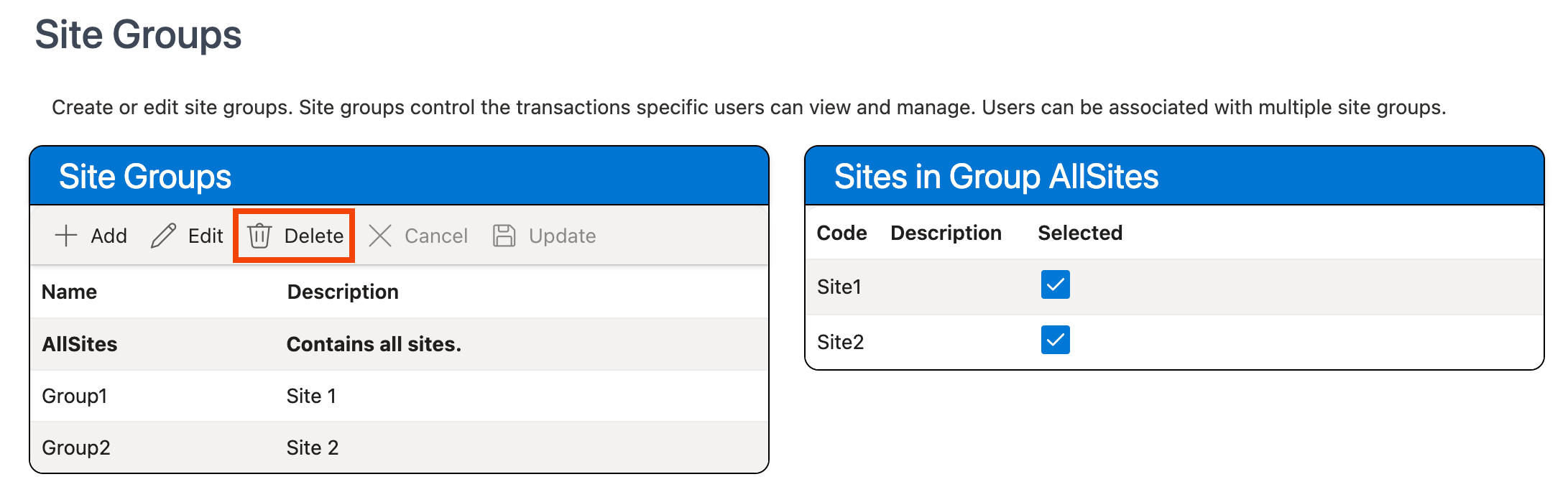 Delete button in Site Groups grid