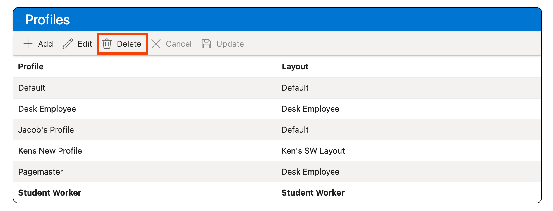 Delete button on the Profiles grid