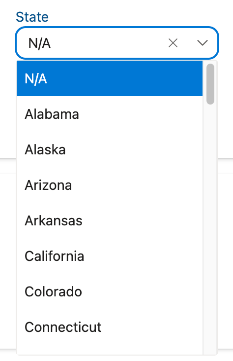 Dropdown expanded for State field