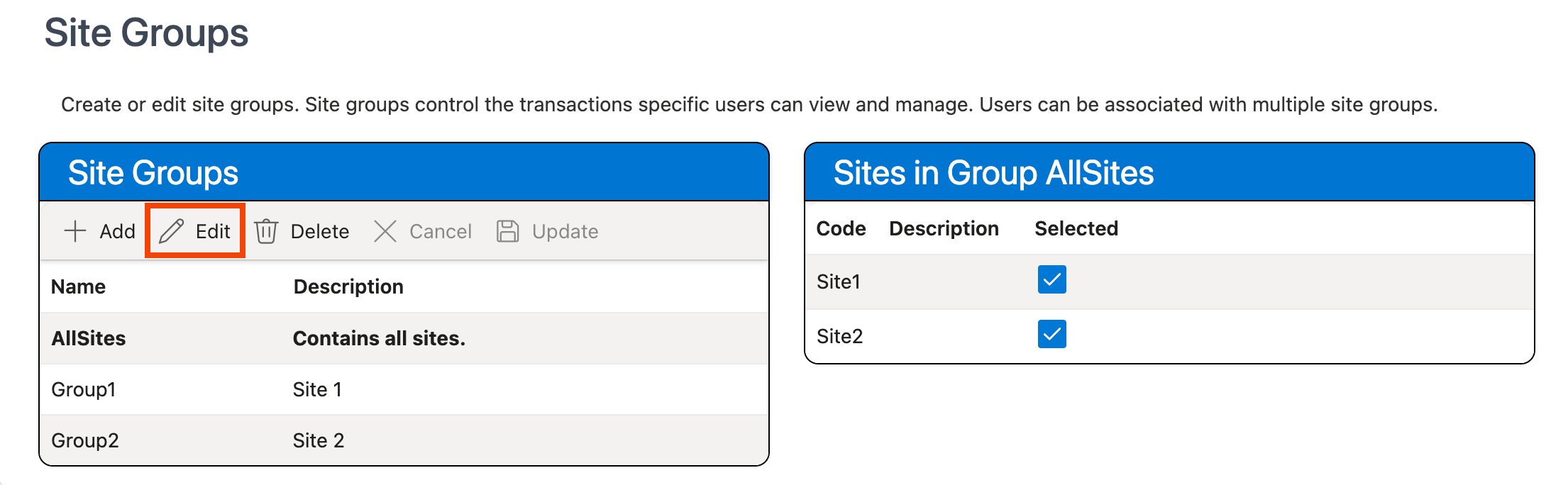 Edit button in Site Groups grid