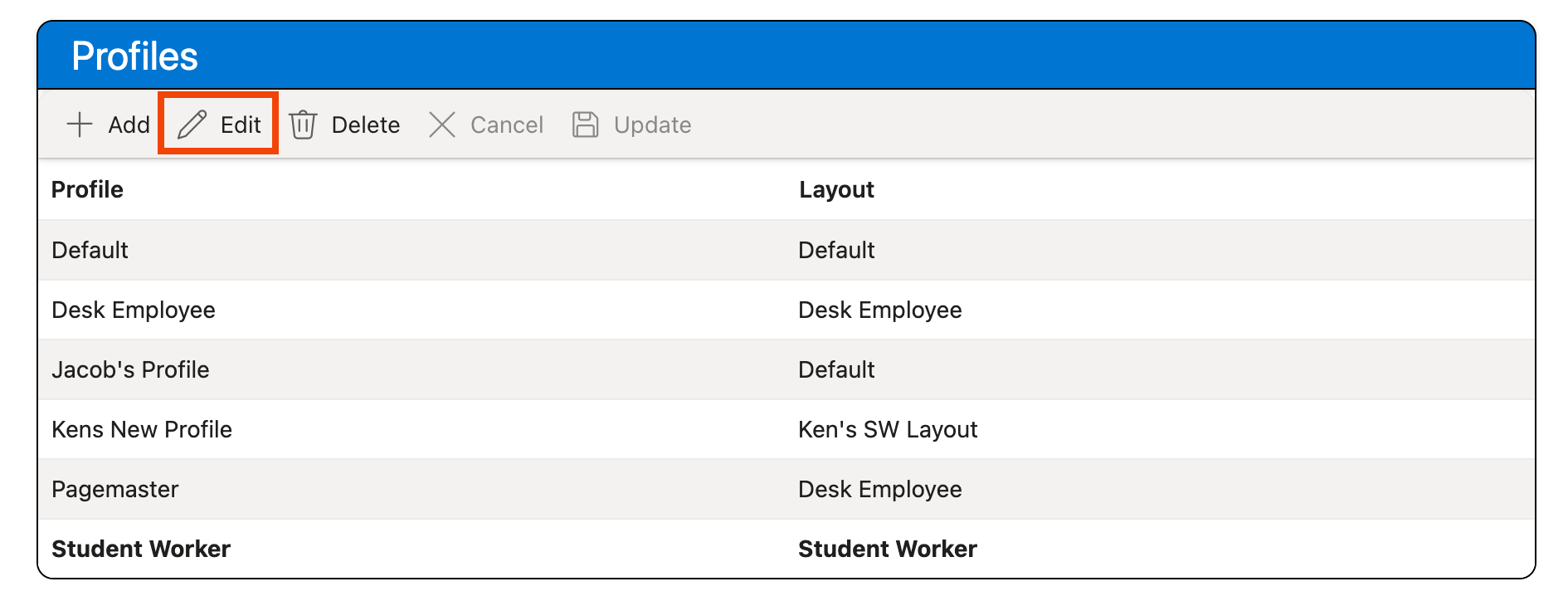 Edit button on the Profiles grid