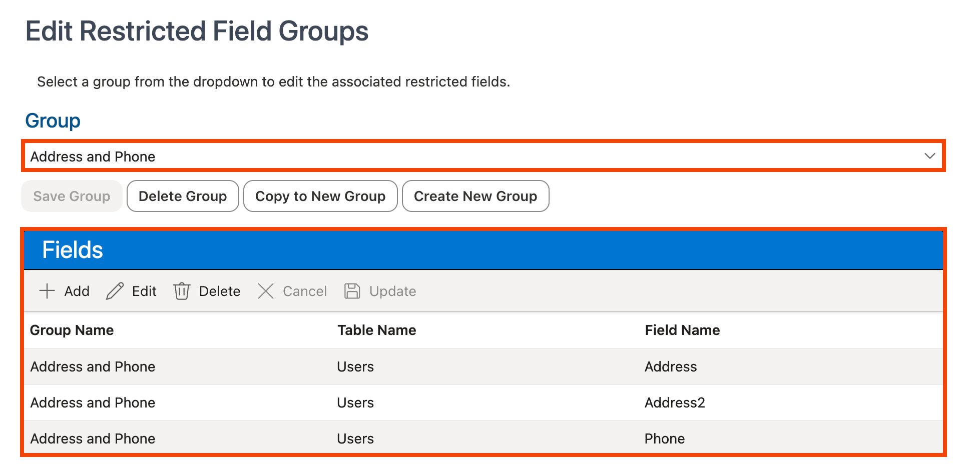 Fields for selected group displayed in Fields grid