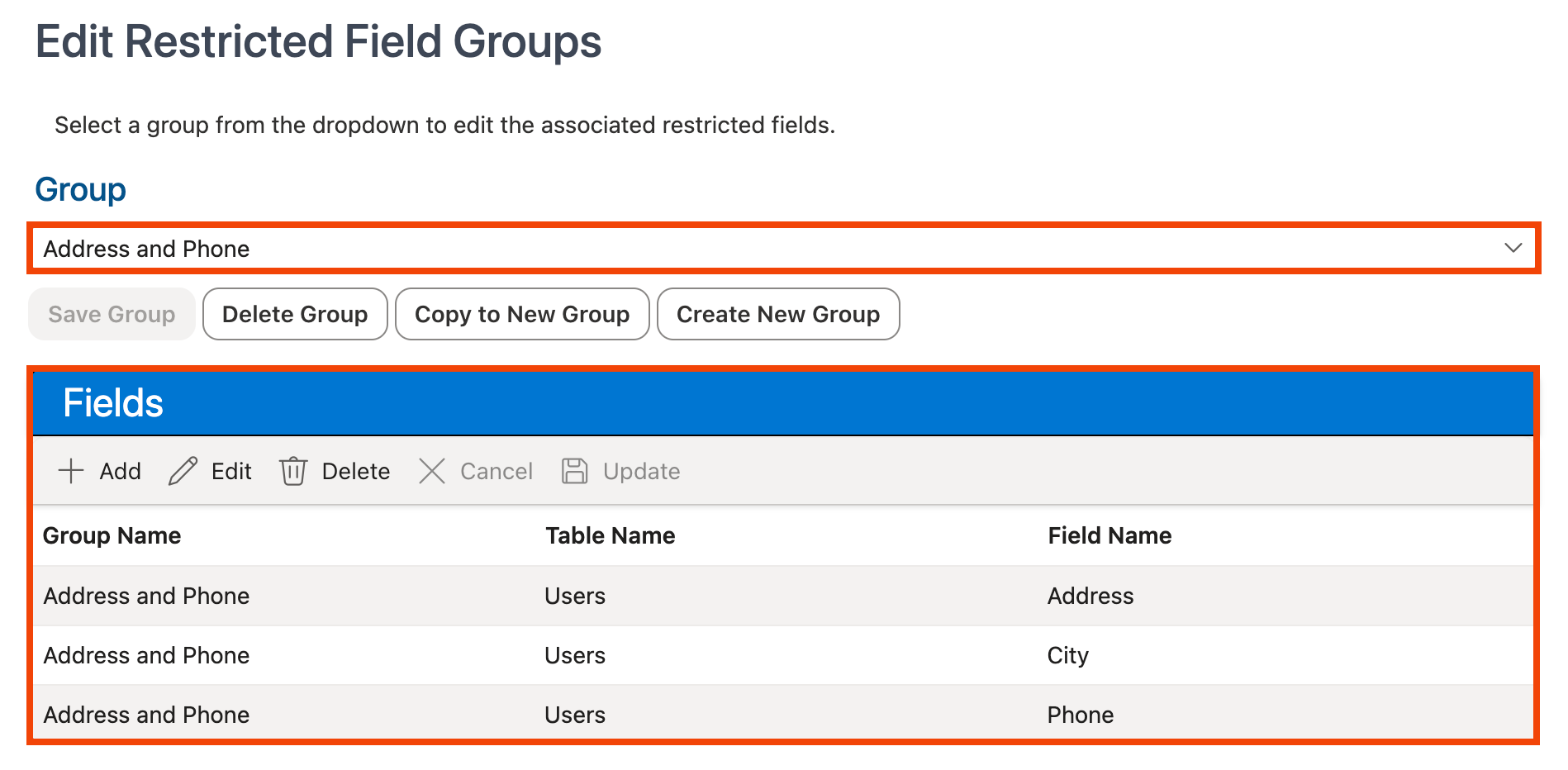 Fields for selected group displayed in Fields grid
