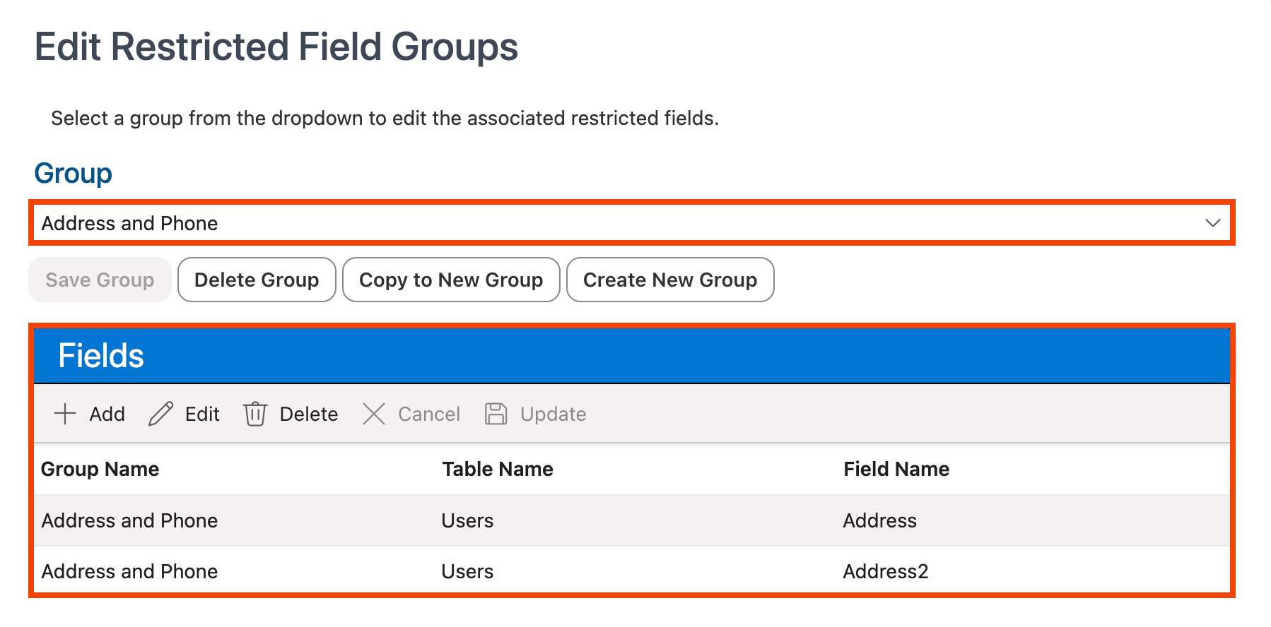 Fields for selected group displayed in the Fields grid