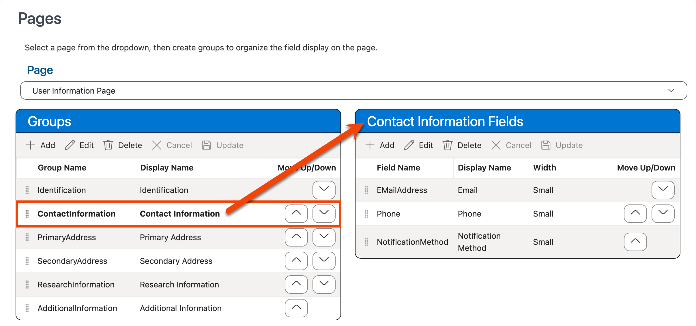 Fields grid displaying fields in the selected grouping