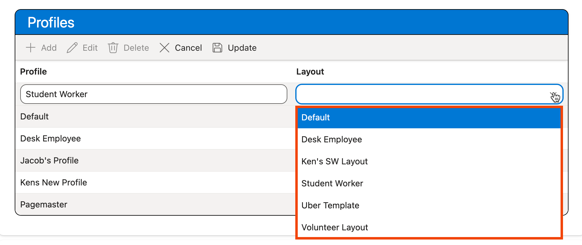 Layout dropdown menu