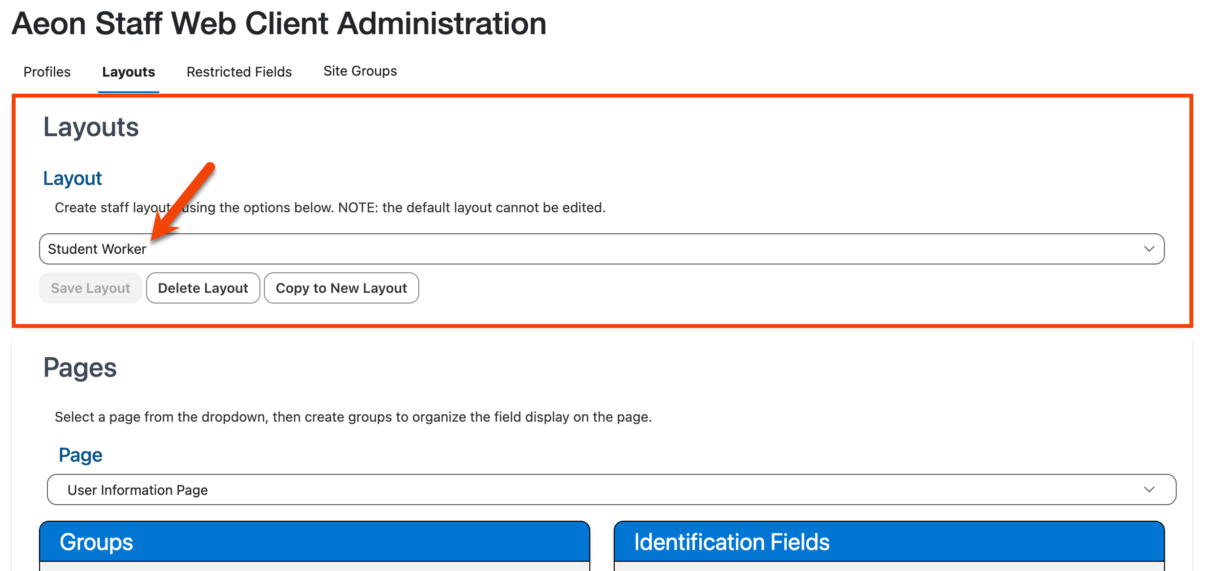 Layout selection dropdown
