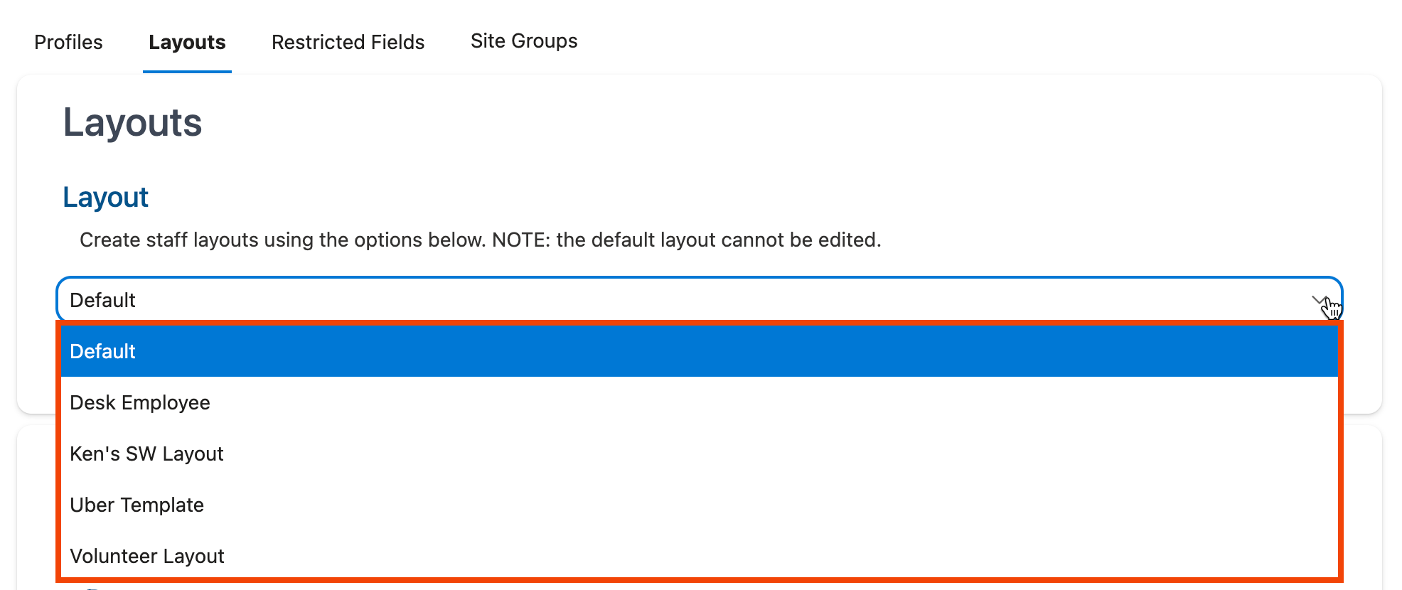 Layout selection dropdown menu