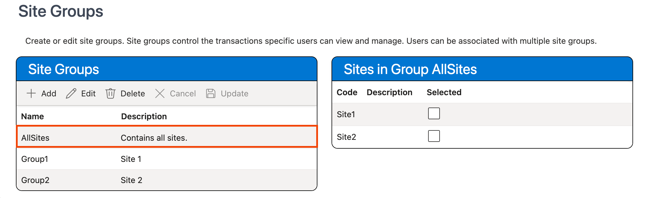 New Site Group displayed in Site Groups grid